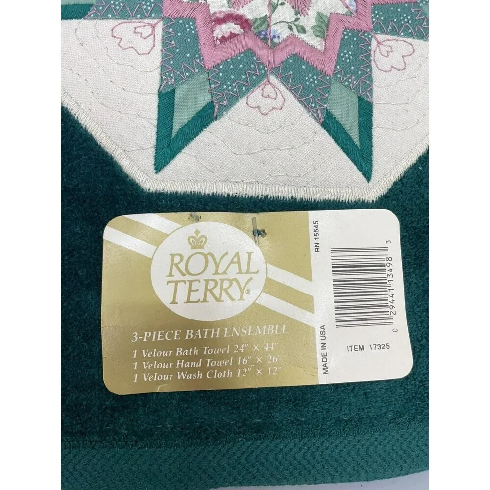 Vintage Royal Terry 3 Pc Bath Towel Set Ensemble Quilted Star Embroidered Green